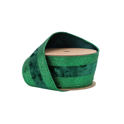 2 1/2" Wired Ribbon | Green Glitter with Green Velvet Stripe | 10 Yard Roll LaRibbons Wholesale