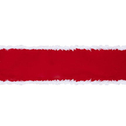 Festive red ribbon with white fuzzy edges, perfect for Christmas decorations, gift accents, and DIY projects.