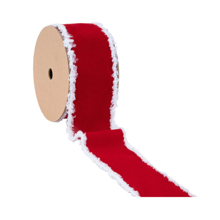 Red velvet ribbon with white fuzzy edge, great for Christmas crafting, decor, and gift embellishments.