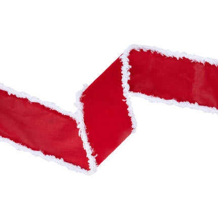 Christmas red ribbon with white fuzzy edge, ideal for seasonal decor, gift styling, and creative projects.