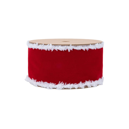 Spool of red velvet ribbon with white fuzzy edge, perfect for Christmas decorations, gift wrapping, and adding a whimsical holiday element.