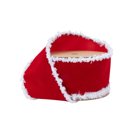 Red velvet Christmas ribbon with white fuzzy edge, ideal for festive decor, present wrapping, and DIY crafts.