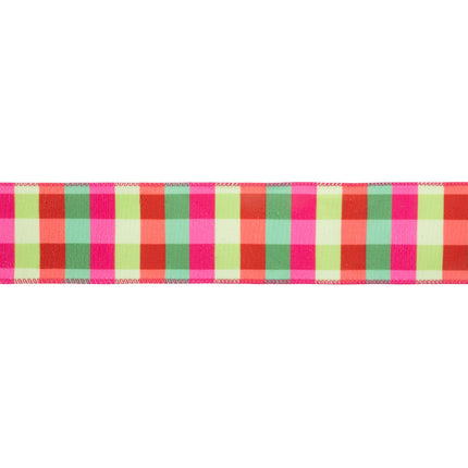 2 1/2" Velvet Ribbon | Florescent Pink/Green Plaid w/ Pink Stripe Backing | 10 Yard Roll LaRibbons Wholesale