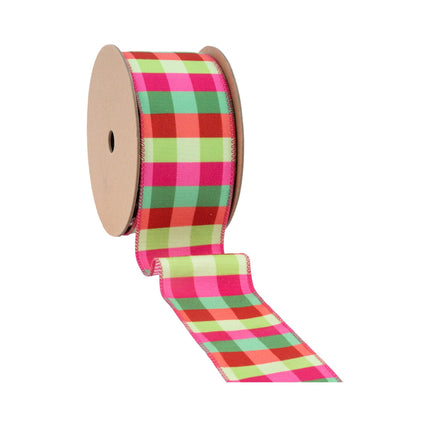 2 1/2" Velvet Ribbon | Florescent Pink/Green Plaid w/ Pink Stripe Backing | 10 Yard Roll LaRibbons Wholesale