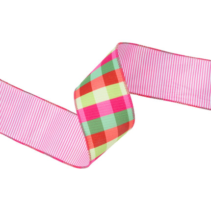 2 1/2" Velvet Ribbon | Florescent Pink/Green Plaid w/ Pink Stripe Backing | 10 Yard Roll LaRibbons Wholesale