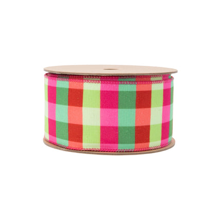 2 1/2" Velvet Ribbon | Florescent Pink/Green Plaid w/ Pink Stripe Backing | 10 Yard Roll LaRibbons Wholesale