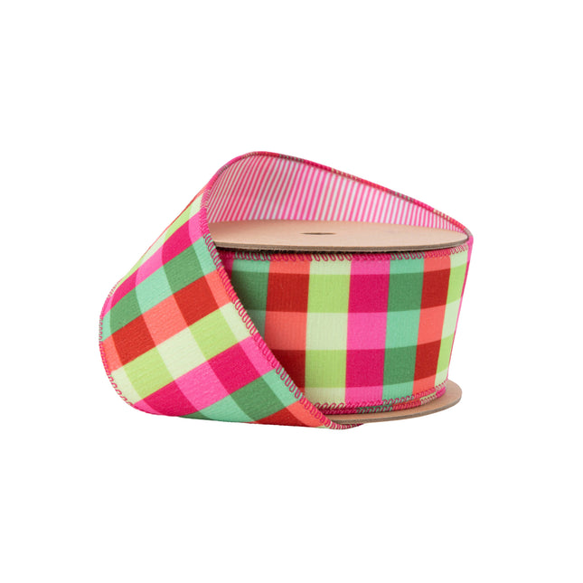 2 1/2" Velvet Ribbon | Florescent Pink/Green Plaid w/ Pink Stripe Backing | 10 Yard Roll