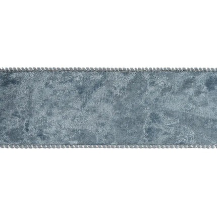 A piece of elegant blue velvet ribbon with wired edges, perfect for gift wrapping.