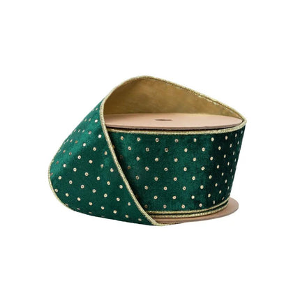 2 1/2" Wired Velvet | Dark Green with Gold Metallic Dot | 10 Yard Roll LA Ribbons Wholesale
