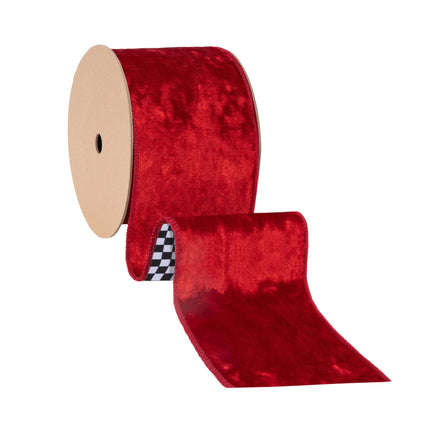 This wired velvet ribbon is red with a black-and-white check reverse side, perfect for creating eye-catching festive.