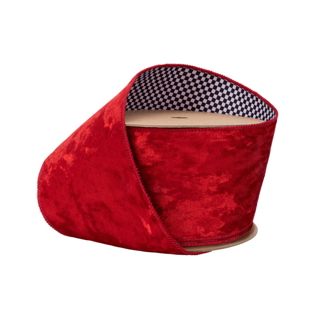 4" Wired Velvet Ribbon | Red with Black/White Check Backing | 10 Yard Roll