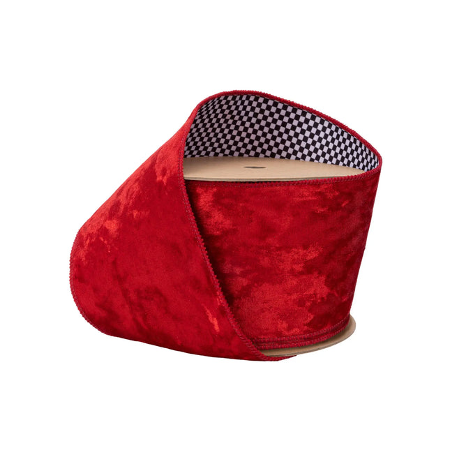 4" wired red crushed velvet ribbon with black white checkered backing, wire edged fabric