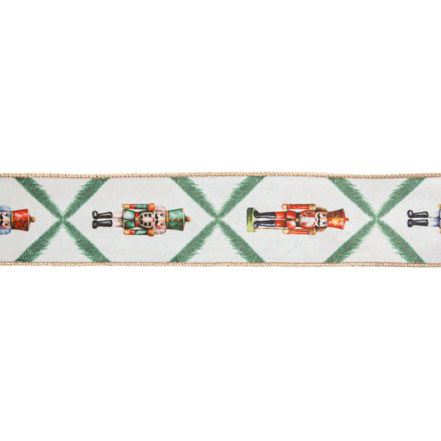 2 1/2" Wired Reversible Velvet | Nutcracker with Northfolk Pine on White | 10 Yard Roll LA Ribbons Wholesale
