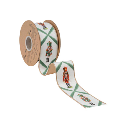 2 1/2" Wired Reversible Velvet | Nutcracker with Northfolk Pine on White | 10 Yard Roll LA Ribbons Wholesale