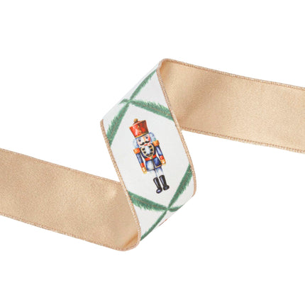 2 1/2" Wired Reversible Velvet | Nutcracker with Northfolk Pine on White | 10 Yard Roll LA Ribbons Wholesale