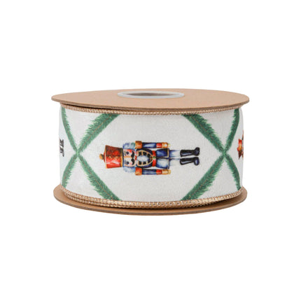 2 1/2" Wired Reversible Velvet | Nutcracker with Northfolk Pine on White | 10 Yard Roll LA Ribbons Wholesale