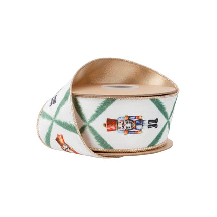 2 1/2" Wired Reversible Velvet | Nutcracker with Northfolk Pine on White | 10 Yard Roll