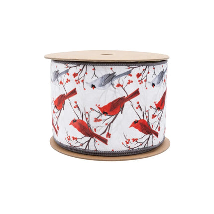 4" Wired Velvet Ribbon spool – Cardinals & berries print, red velvet back, wired detail.