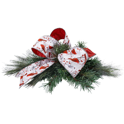 Cardinal Wired Velvet Ribbon Bow on Green Pine, Red/Gray Birds & Berries, Festive Christmas Decor