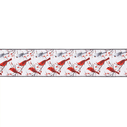 4" Wired Velvet Ribbon – Repeating cardinal & berry branch pattern, wired edge, red velvet reverse.