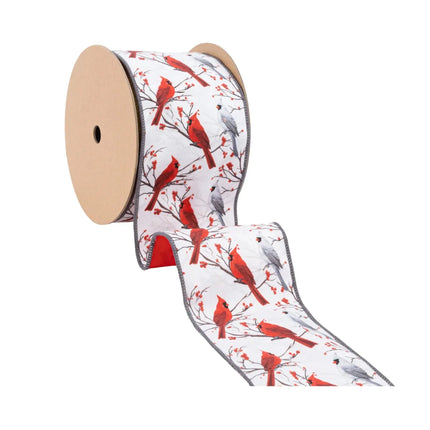 4" Wired Velvet Ribbon roll – Cardinals on berry branches, red velvet back, wired for shaping.