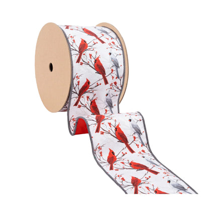 Wired Velvet Ribbon, White with Cardinal Print, Reversible Red Velvet Lining, Gray Trim