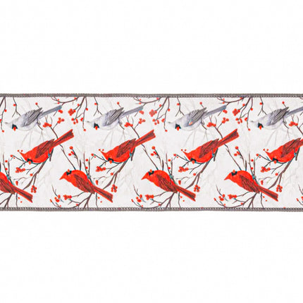 Wired Velvet Ribbon Spool, White with Red/Gray Cardinals & Berries, Vibrant Bird Design