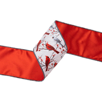 Wired Velvet Ribbon Spool, White with Red/Gray Cardinals & Berries, Detailed Bird Print