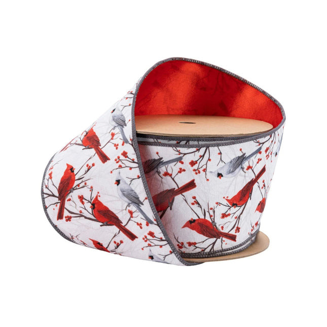 4" Wired Velvet | White and Red Cardinals with Red Backing | 10 Yard Roll