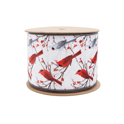  Wired Velvet Ribbon Closeup, Red/Gray Cardinals on White, Red Berries & Gray Edging