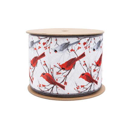 Wired Velvet Ribbon Closeup, Red/Gray Cardinals on White, Red Berries & Gray Edging