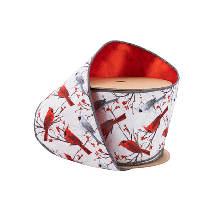 4" Wired Velvet Ribbon, White with Red & Gray Cardinals, Red Berries, Rich Red Velvet Lining