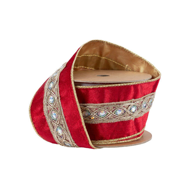 2 1/2" Wired Velvet Ribbon | Red with Gold Trim and Iridescent Jewel | 10 Yard Spool LA Ribbons Wholesale