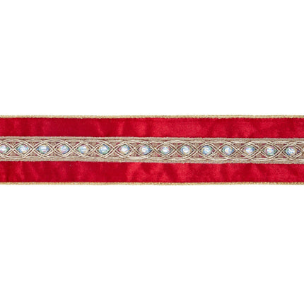 2 1/2" Wired Velvet Ribbon | Red with Gold Trim and Iridescent Jewel | 10 Yard Spool LA Ribbons Wholesale