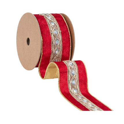 2 1/2" Wired Velvet Ribbon | Red with Gold Trim and Iridescent Jewel | 10 Yard Spool LA Ribbons Wholesale