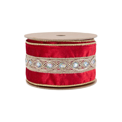 2 1/2" Wired Velvet Ribbon | Red with Gold Trim and Iridescent Jewel | 10 Yard Spool LA Ribbons Wholesale