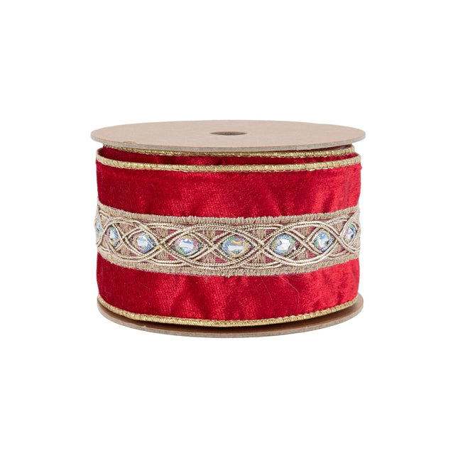 2 1/2" Wired Velvet Ribbon | Red with Gold Trim and Iridescent Jewel | 10 Yard Spool LA Ribbons Wholesale