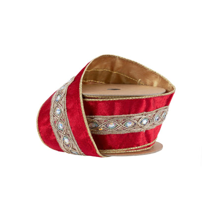 2 1/2" Wired Velvet Ribbon | Red with Gold Trim and Iridescent Jewel | 10 Yard Spool