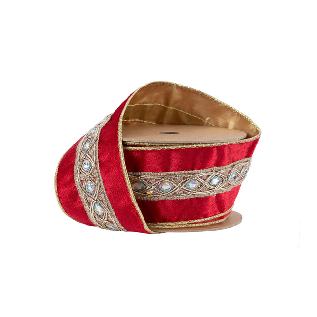 2 1/2" Wired Velvet Ribbon | Red with Gold Trim and Iridescent Jewel | 10 Yard Spool