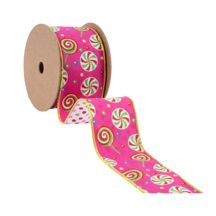 2 1/2" Wired Reversible Velvet | Pink Candies with Polka Dot Backing | 10 Yard Roll LA Ribbons Wholesale