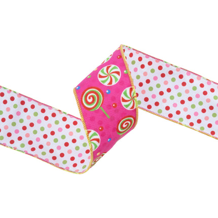 2 1/2" Wired Reversible Velvet | Pink Candies with Polka Dot Backing | 10 Yard Roll LA Ribbons Wholesale