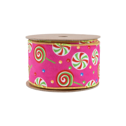 2 1/2" Wired Reversible Velvet | Pink Candies with Polka Dot Backing | 10 Yard Roll LA Ribbons Wholesale