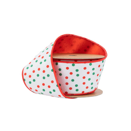 2 1/2" Wired Velvet | Red and Green Polka Dots with Red Backing | 10 Yard Roll LA Ribbons Wholesale