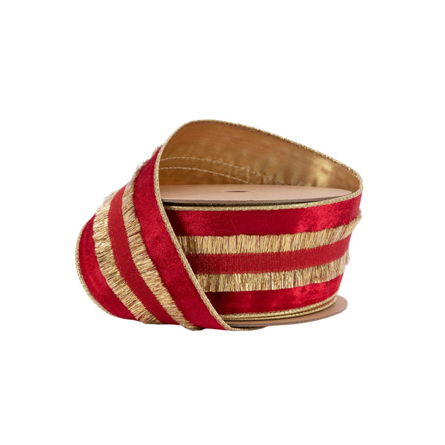 2 1/2" Wired Velvet Ribbon | Red with Gold Fringe | 10 Yard Roll LA Ribbons Wholesale