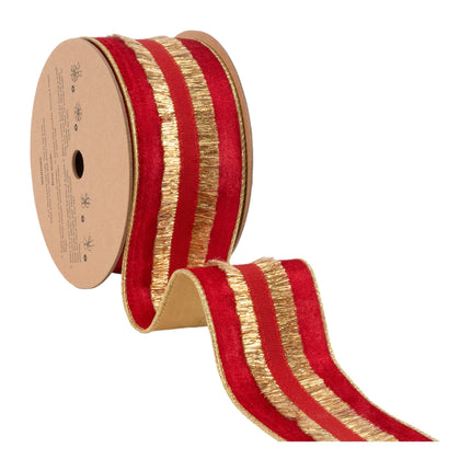 2 1/2" Wired Velvet Ribbon | Red with Gold Fringe | 10 Yard Roll LA Ribbons Wholesale
