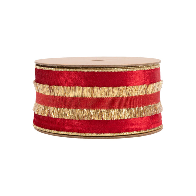 2 1/2" Wired Velvet Ribbon | Red with Gold Fringe | 10 Yard Roll LA Ribbons Wholesale