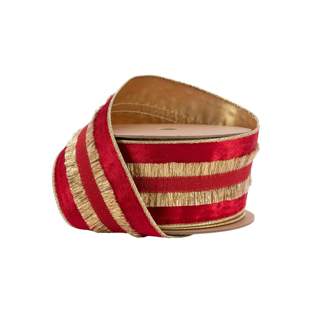 2 1/2" Wired Velvet Ribbon | Red with Gold Fringe | 10 Yard Roll LA Ribbons Wholesale