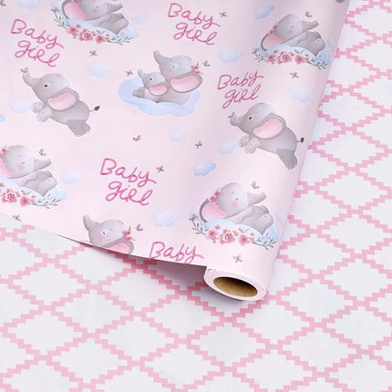 17" X 33' Reversible Wrapping Paper | Pink Elephant w/ Pink Quilted LaRibbons and Crafts