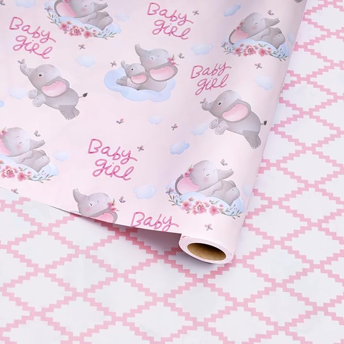 17" X 33' Reversible Wrapping Paper | Pink Elephant w/ Pink Quilted LaRibbons and Crafts