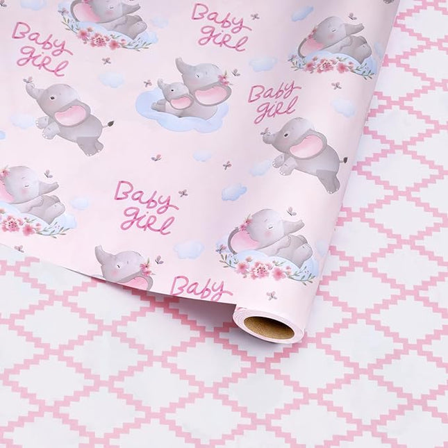 17" X 33' Reversible Wrapping Paper | Pink Elephant w/ Pink Quilted LaRibbons and Crafts